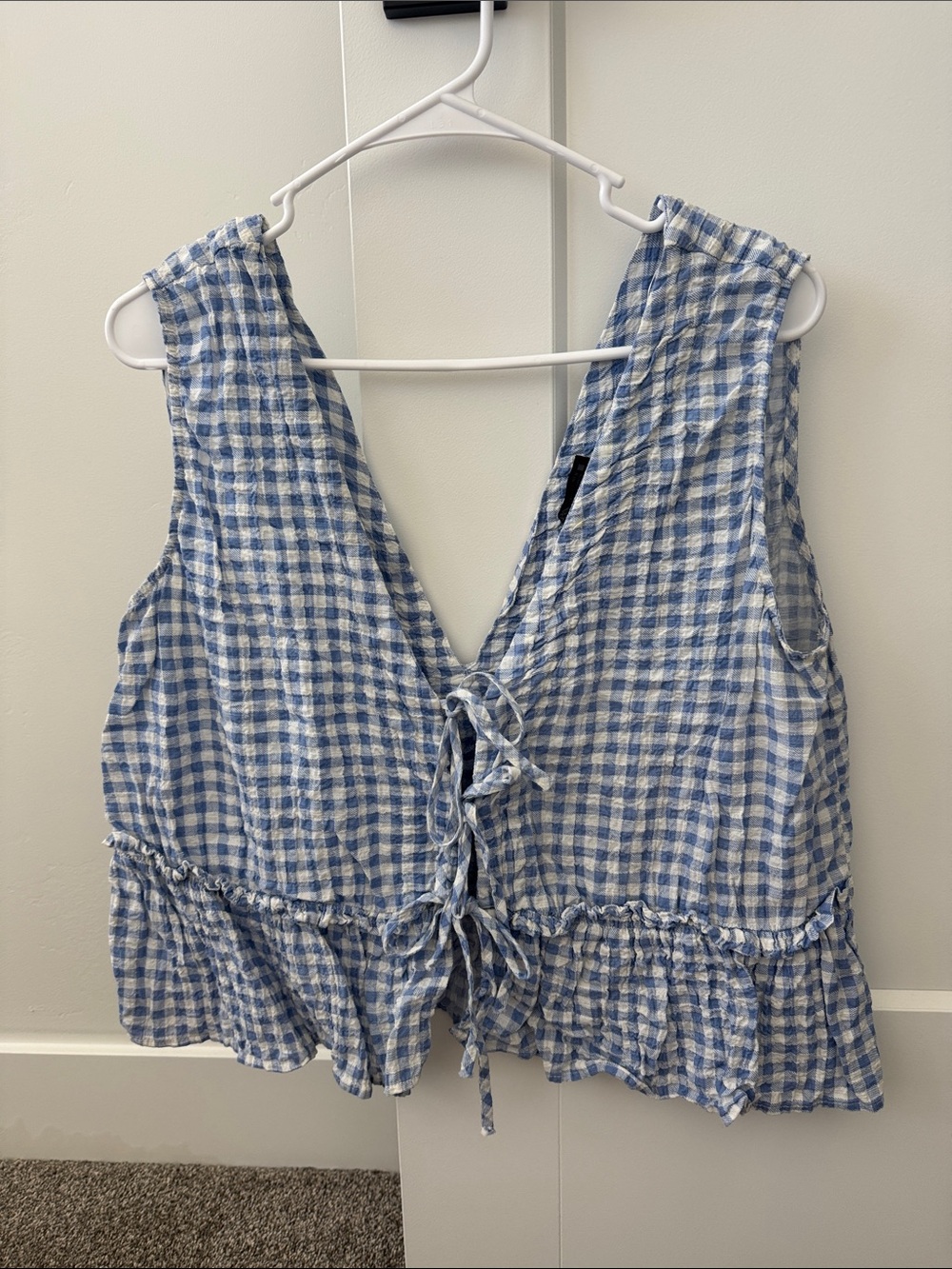 Zara Blue and White Gingham Tie-Front Tank Top